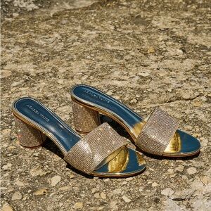 Metallic Gold Embellished Rhinestone High Heel Sandals